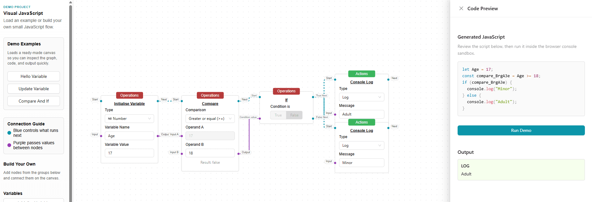Visual JavaScript demo interface showing a simple script with variable initialisation, math operation, and console output