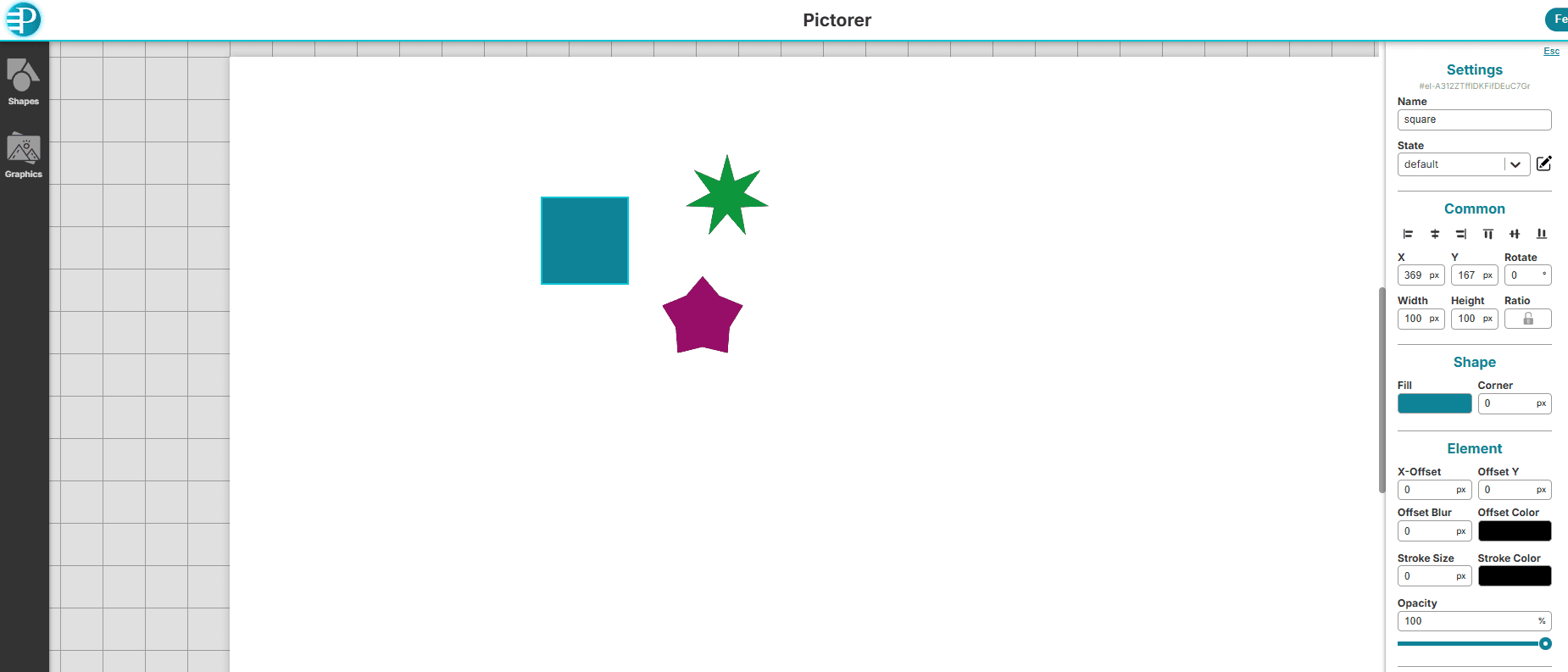 Pictorer editor interface with a canvas, toolbar, and properties panel